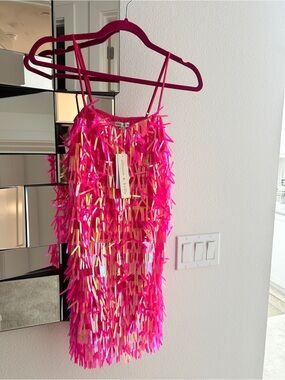 Allison & Kelly Sequin Fringe Mini Dress in Hot Pink